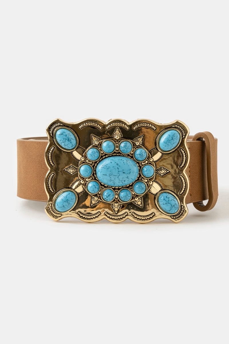 Western Style Turquoise Stone Large Ornate Buckle Belt