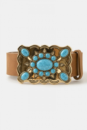 Western Style Turquoise Stone Large Ornate Buckle Vegan Leather Belt