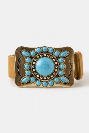 Large Western Turquoise Stone Concho Buckle Vegan Leather Belt