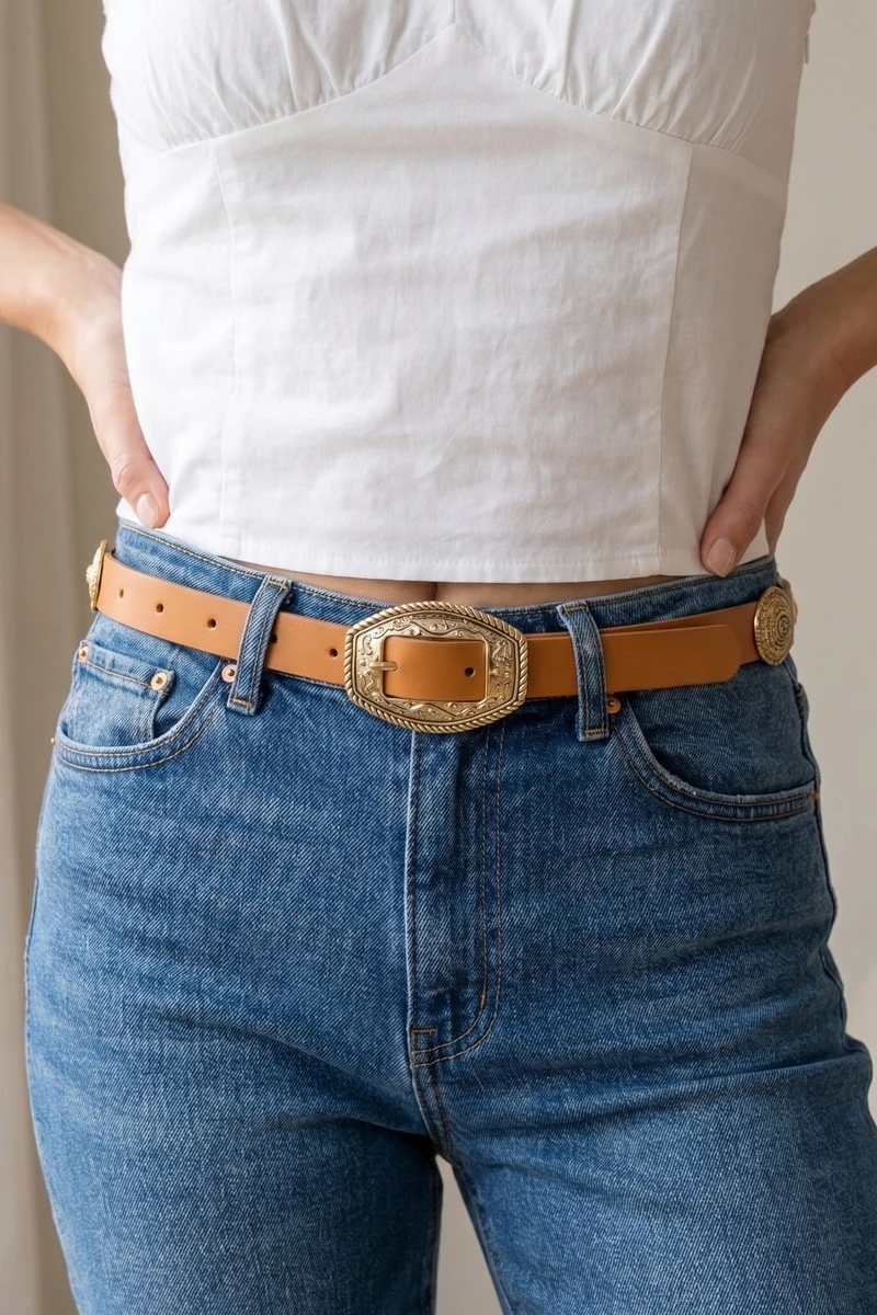 Western Engraved Buckle Concho Vegan Belt