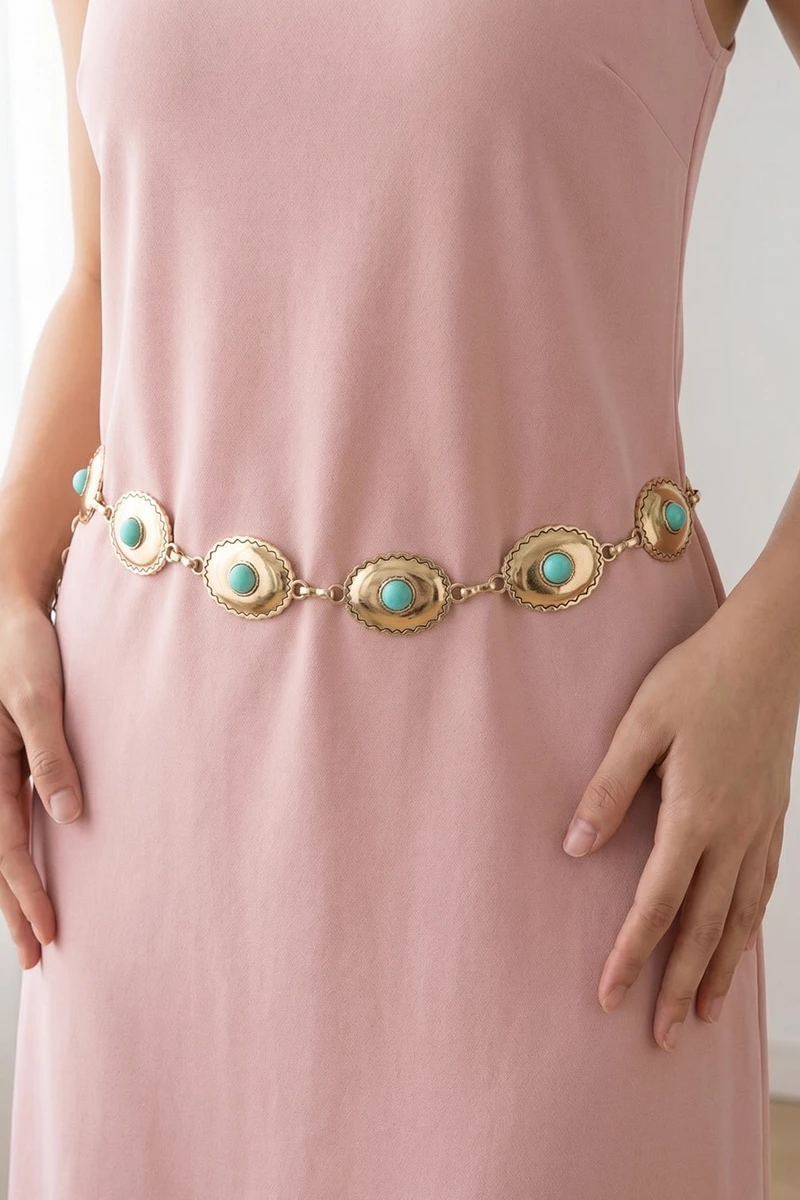 Scalloped Round Turquoise Concho Chain Belt
