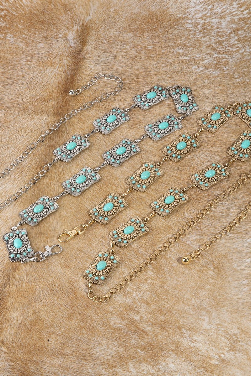 Turquoise Stone Detail Western Concho Chain Belt