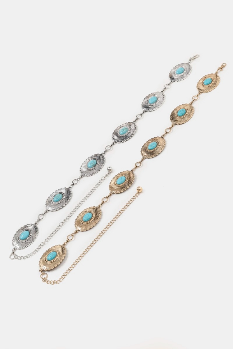 Oval Turquoise Stone Western Style Concho Chain Belt