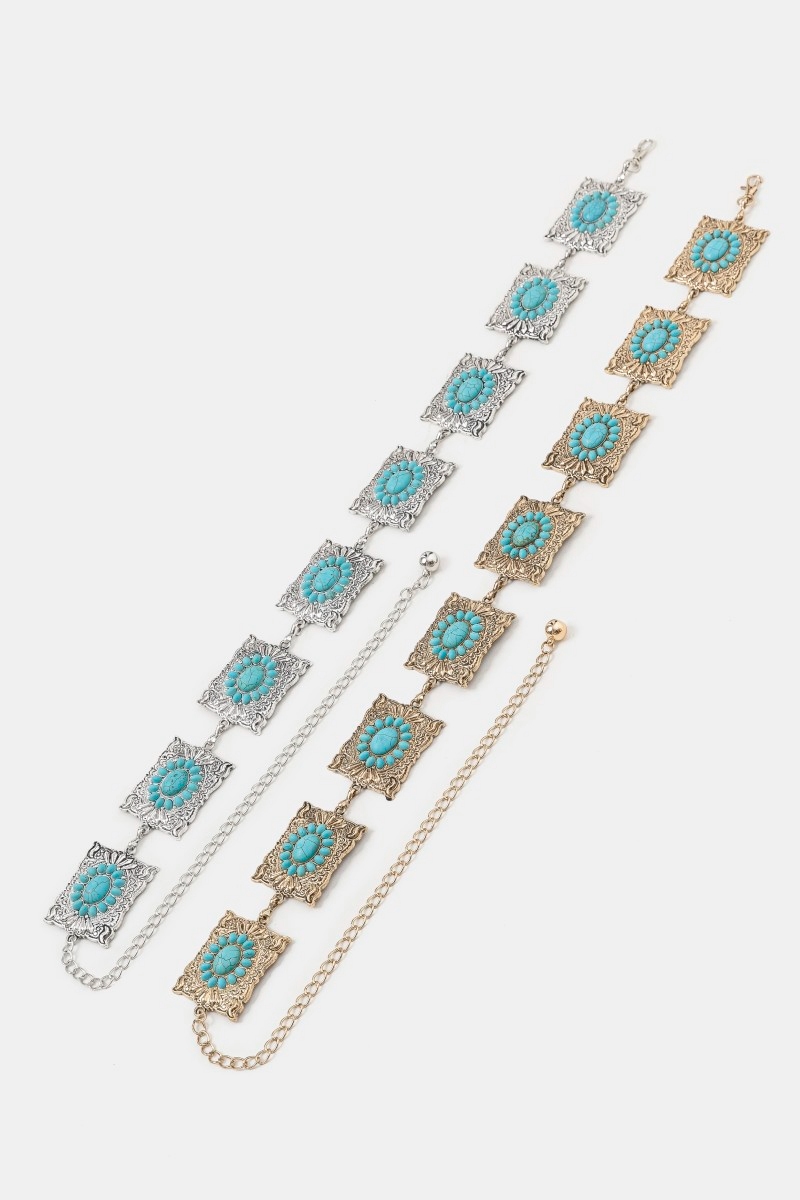 Ornate Western Turquoise Cluster Square Concho Chain Belt