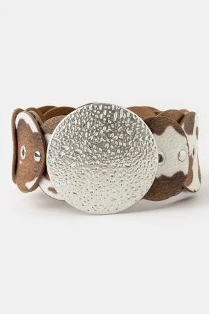 Western Inspired Cowhide Large Round Buckle Vegan Leather Belt