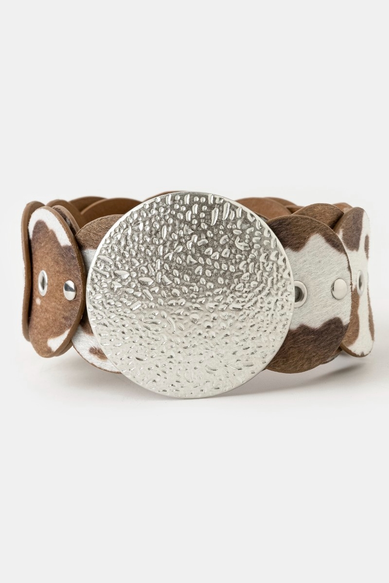 Western Inspired Faux Cowhide Large Round Buckle Belt