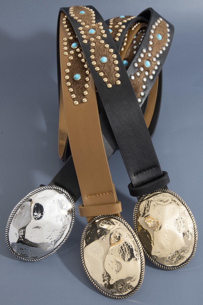 Western Style Hammered Oval Buckle Vegan Leather Belt