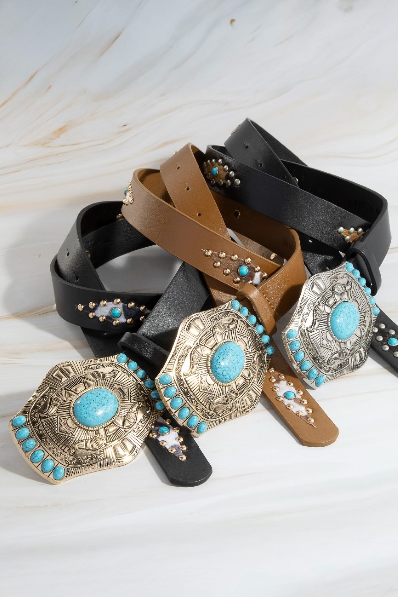 Turquoise Stone Western Concho Buckle Faux Leather Belt