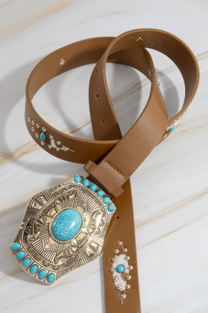 Turquoise Stone Western Concho Buckle Vegan Leather Belt