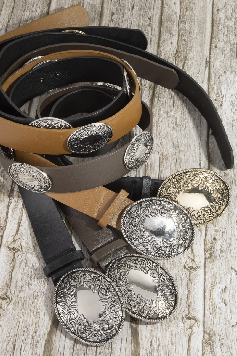 Western Large Engraved Oval Buckle Vegan Leather Belt