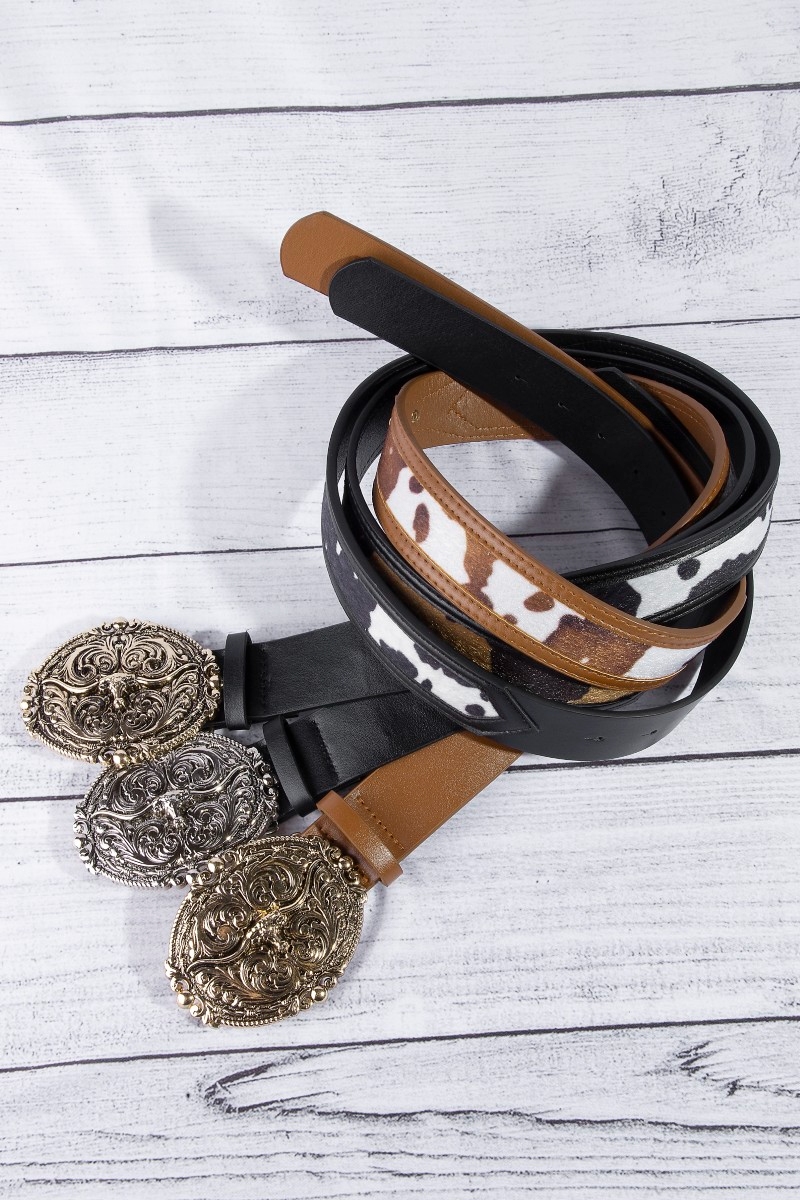 Embroidered Longhorn Western Buckle Vegan Leather Belt