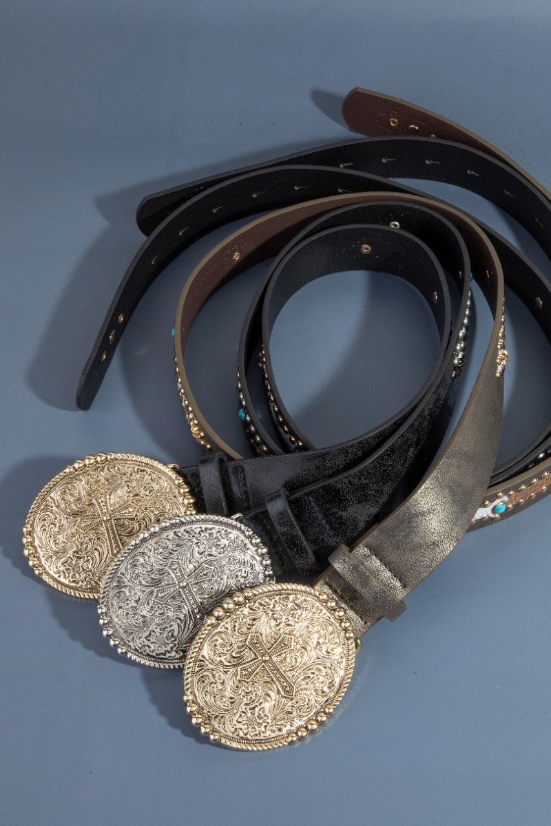 Vegan Leather Embroidered Cowboy Buckle Belt