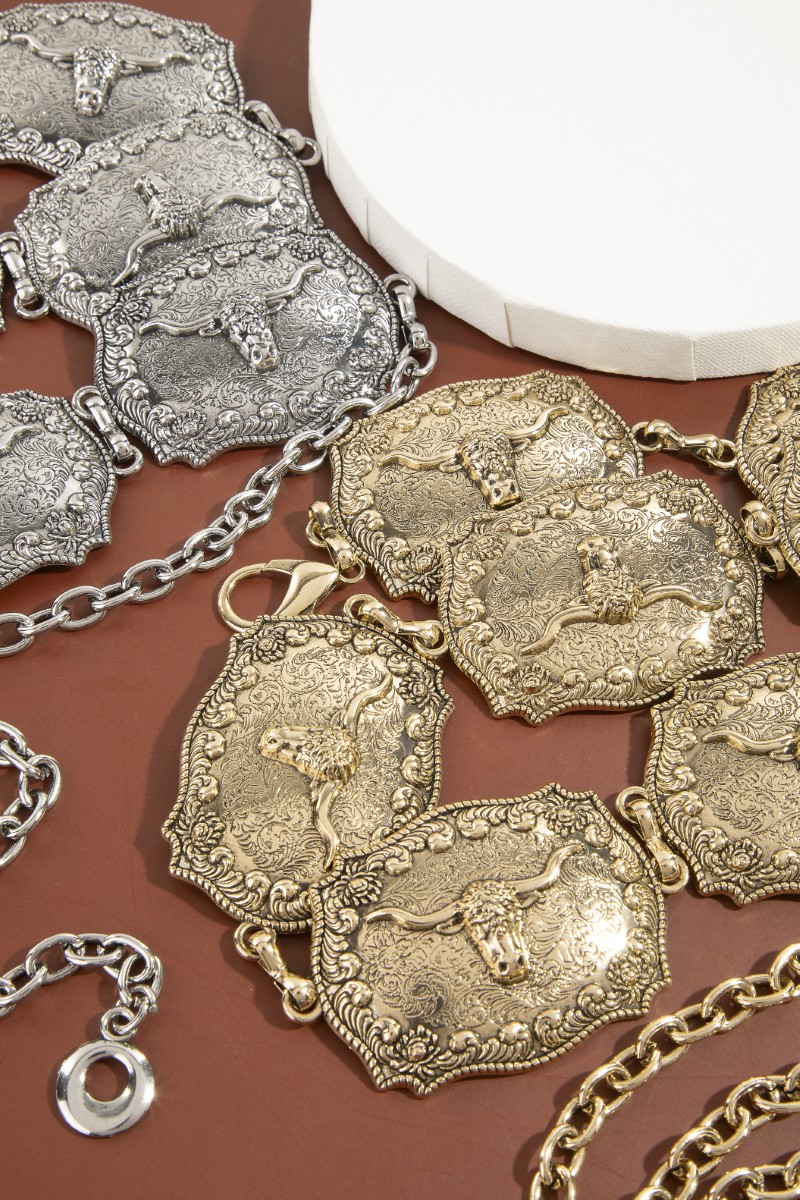 Western Longhorn Engraved Chain Belt
