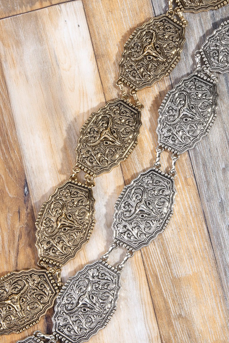 Western Bull Skull Engraved Concho Chain Belt
