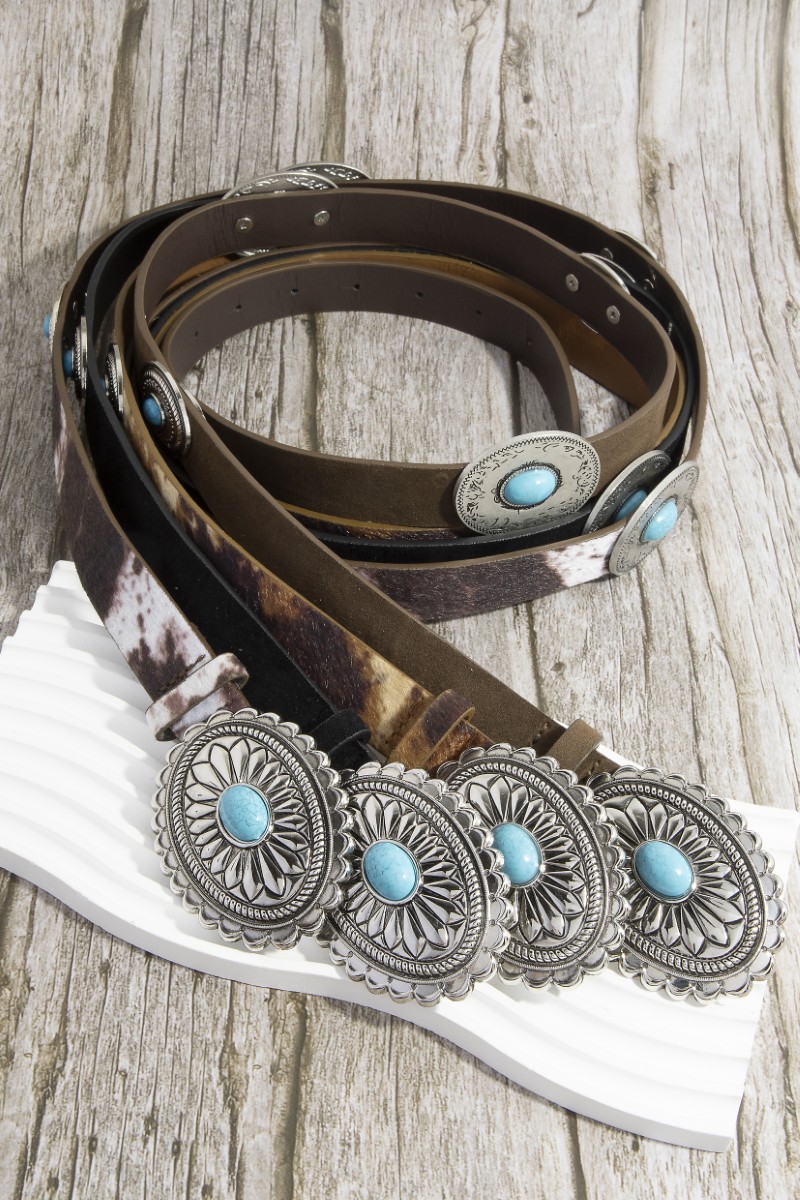 Unique Oval Concho Buckle Western Vegan Leather Belt