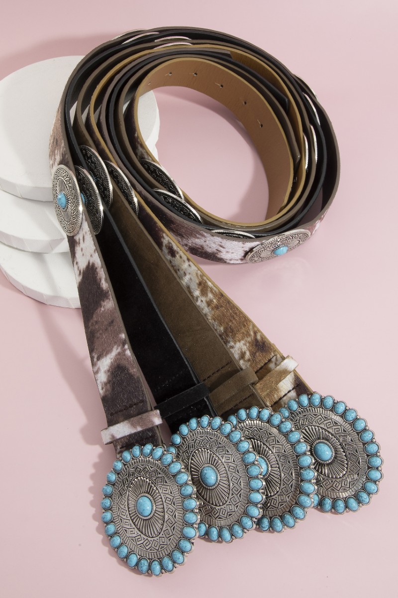 Oval Turquoise Concho Buckle Cowboy Vegan Leather Belt