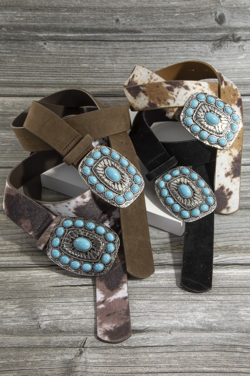 Turquoise Stone Western Concho Buckle Vegan Leather Belt
