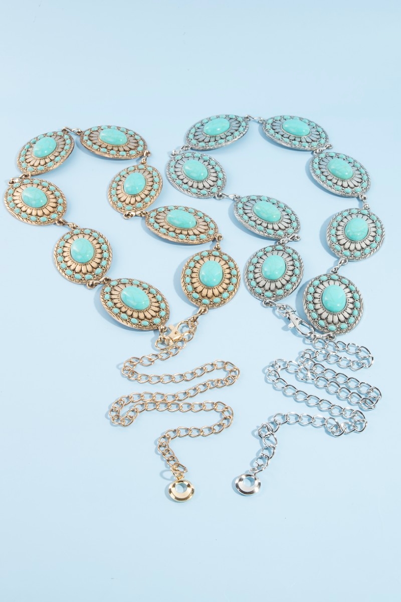 Western Mixed Turquoise Stud Oval Concho Chain Belt