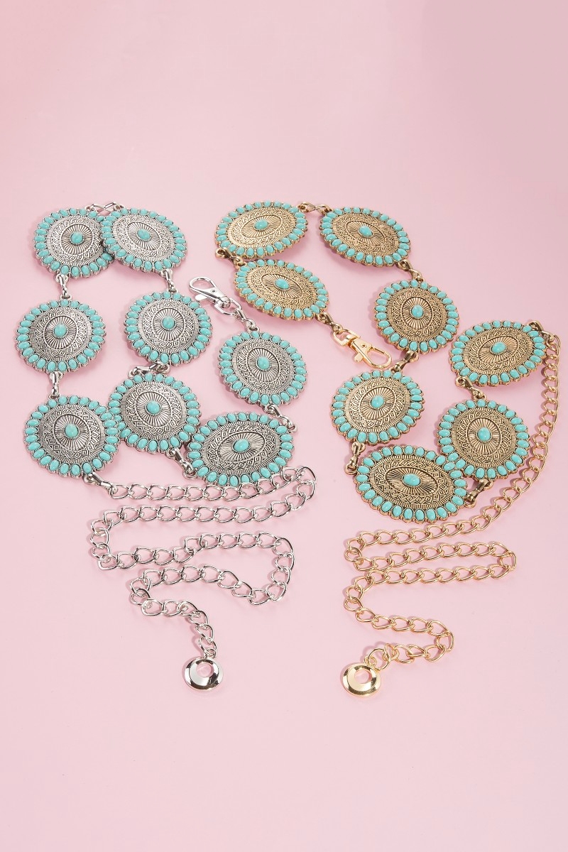 Western Mini Turquoise Stud Oval Concho Chain Belt