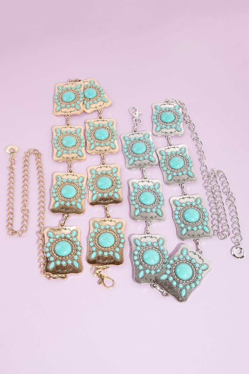 Western Turquoise Studded Rectangle Concho Chain Belt