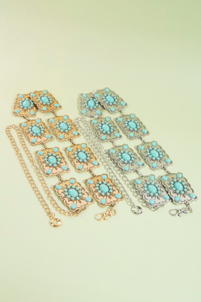 Western Mixed Turquoise Stud Rectangle Concho Chain Belt
