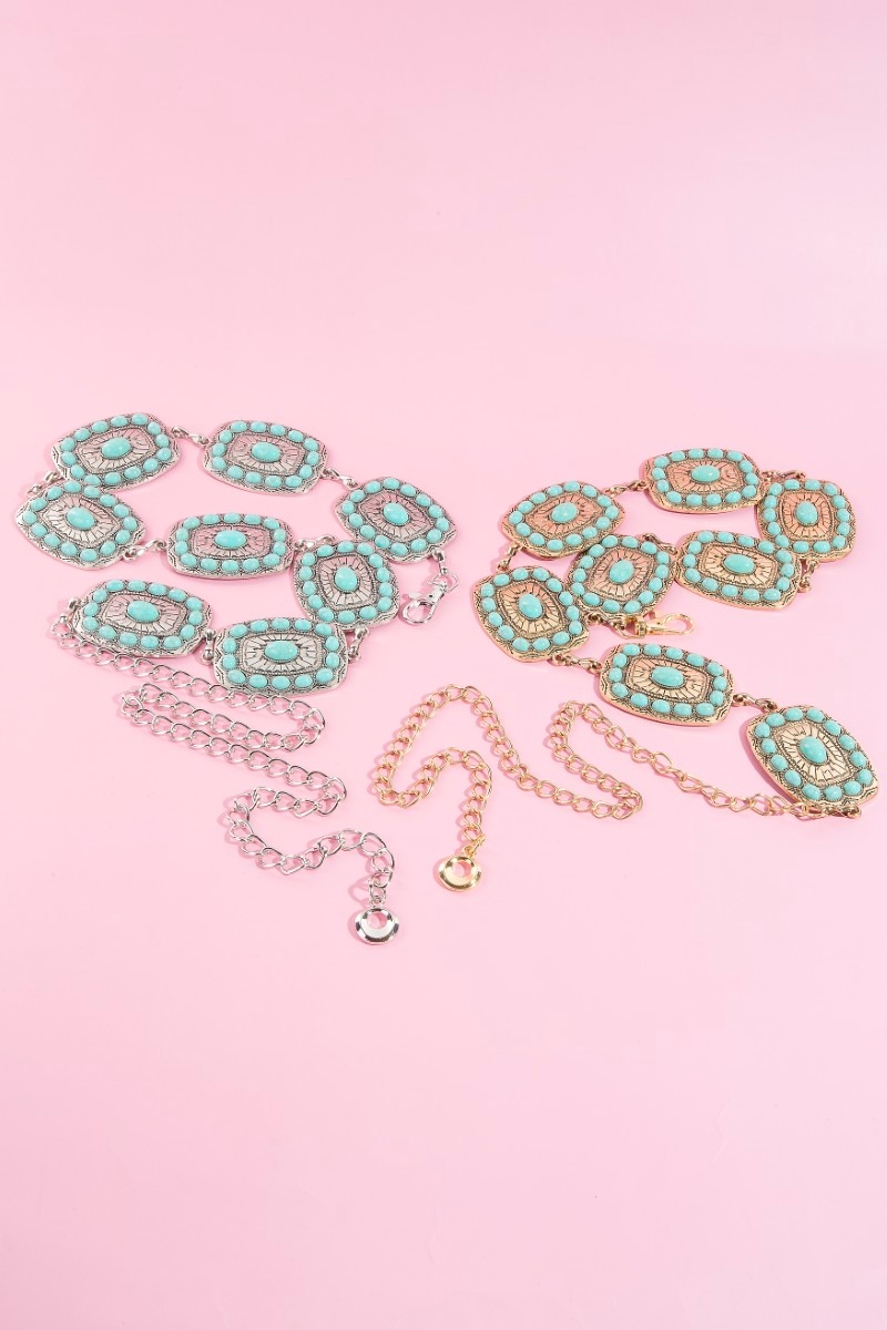 Western Turquoise Round Studded Rectangle Concho Chain Belt