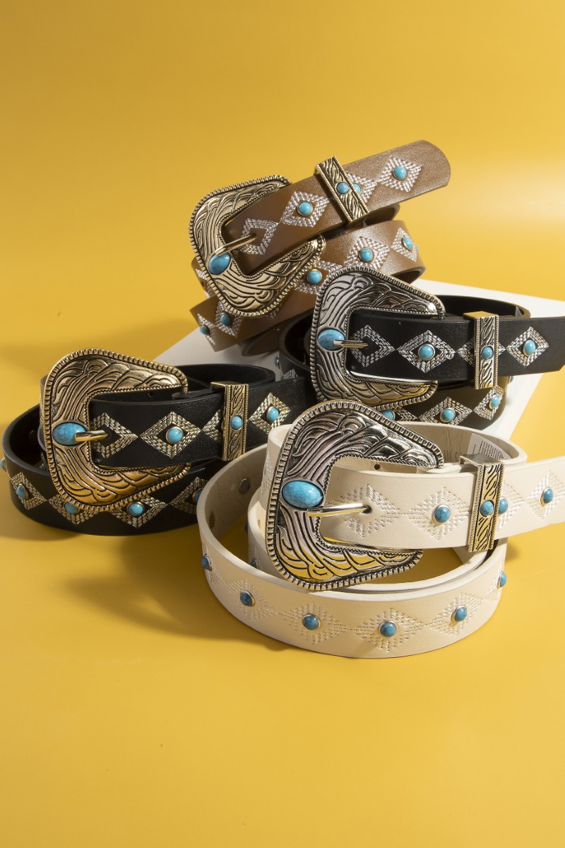 Western Embroidered Buckle Pattern Vegan Leather Belt