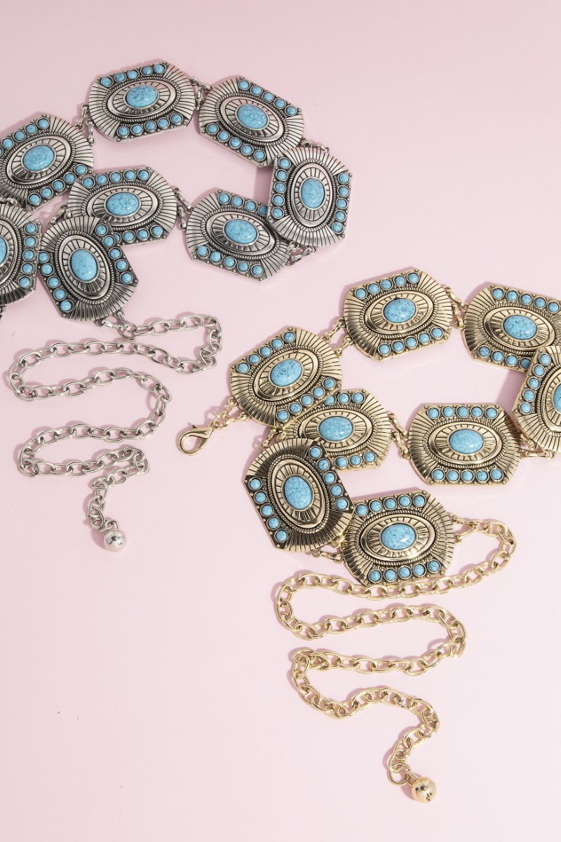 Western Concho Turquoise Stone Detail Chain Belt