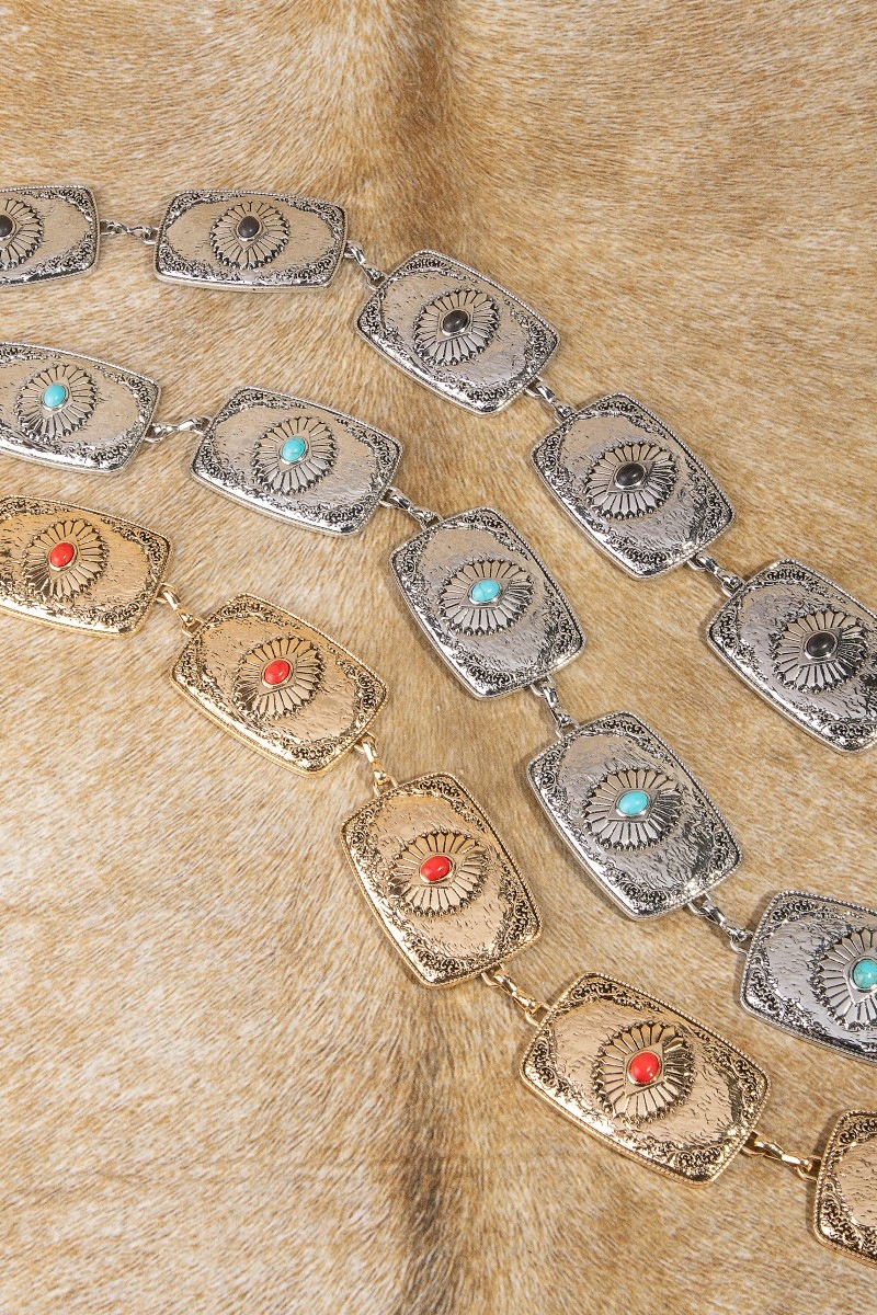 Stone Detail Western Rectangle Concho Chain Belt