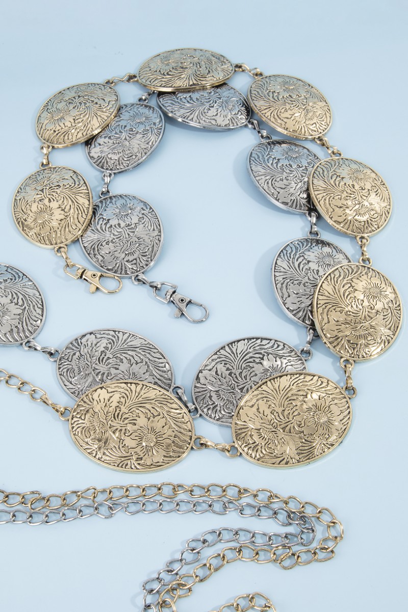 Flower Engraved Oval Concho Chain Belt