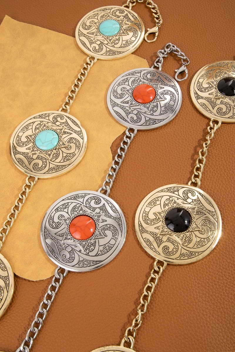 Stone Stud Western Engraved Disc Chain Belt