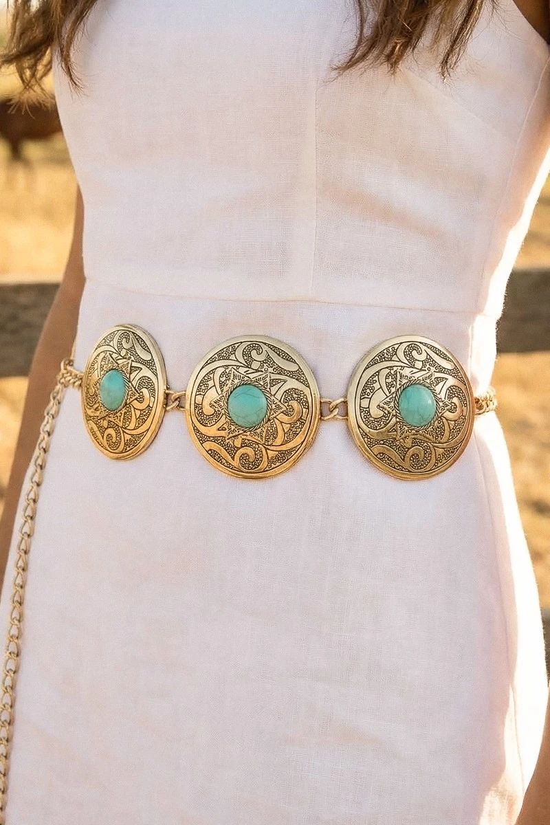 Plus Size Stone Stud Western Engraved Disc Chain Belt