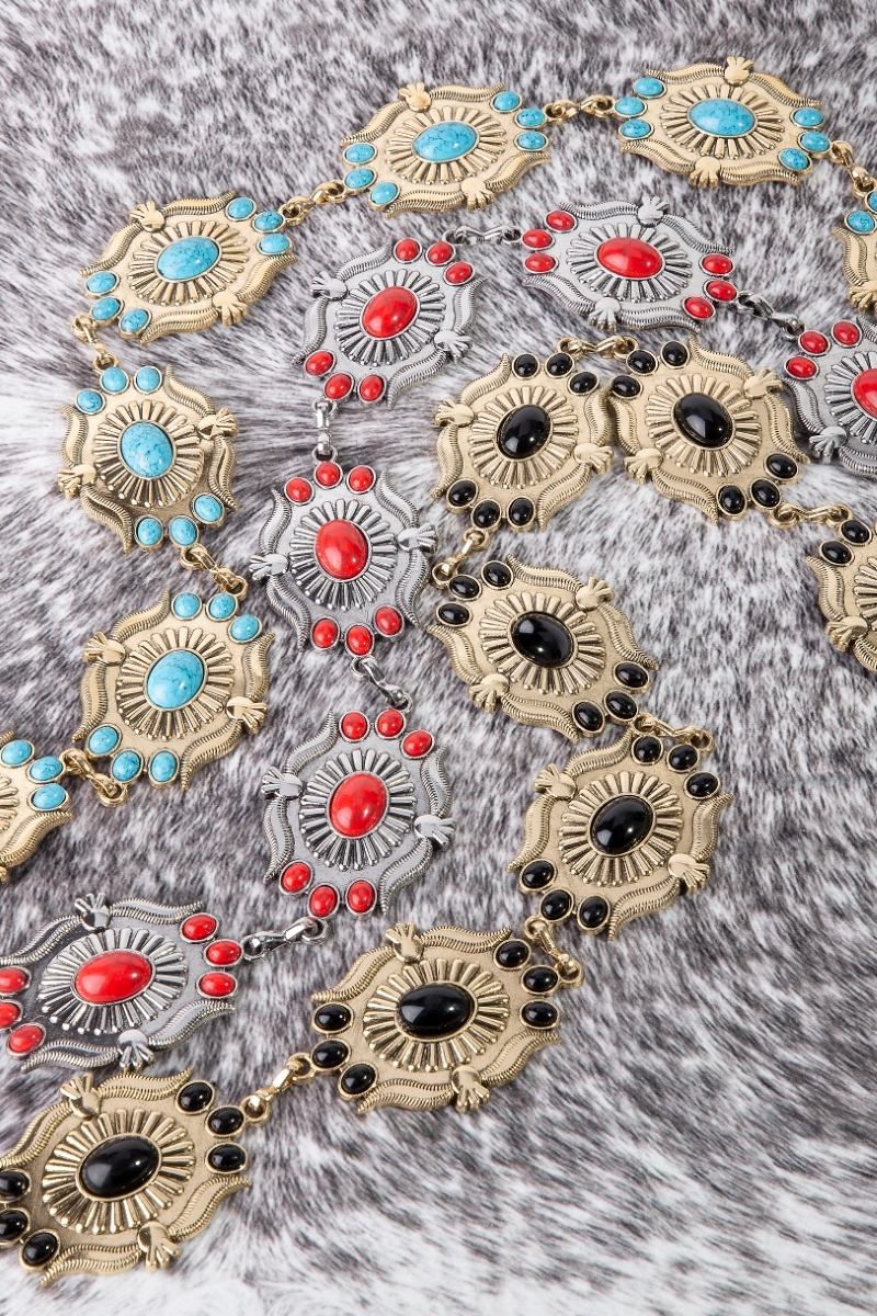 Intricate Stone Studs Concho Western Chain Belt