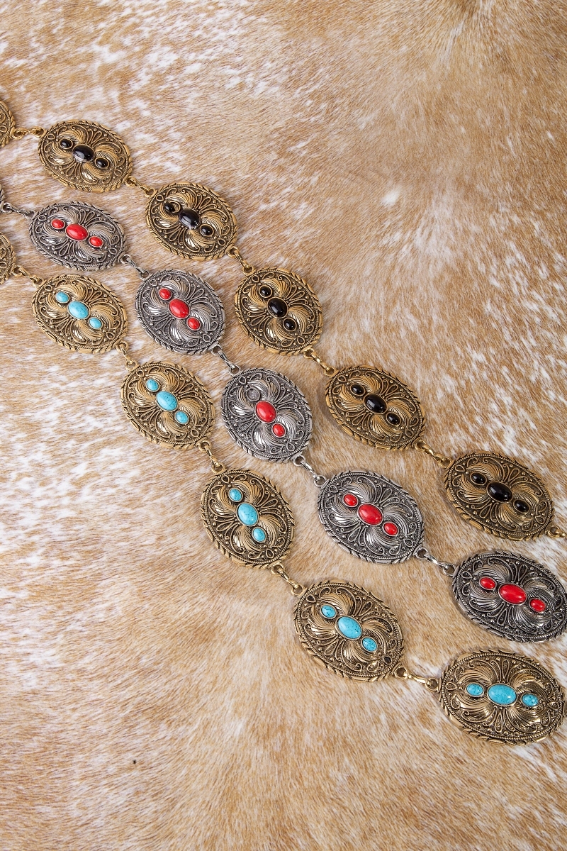 Red Stones Western Concho Chain Belt