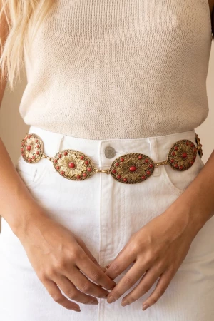 Intricate Stone Studs Oval Concho Chain Belt