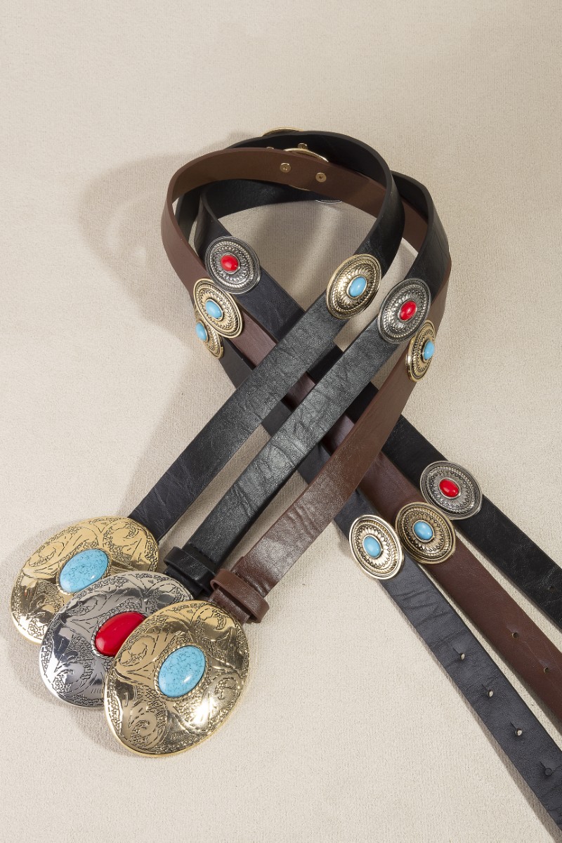 Western Oval Concho With Turquoise Stone Vegan Leather Belt