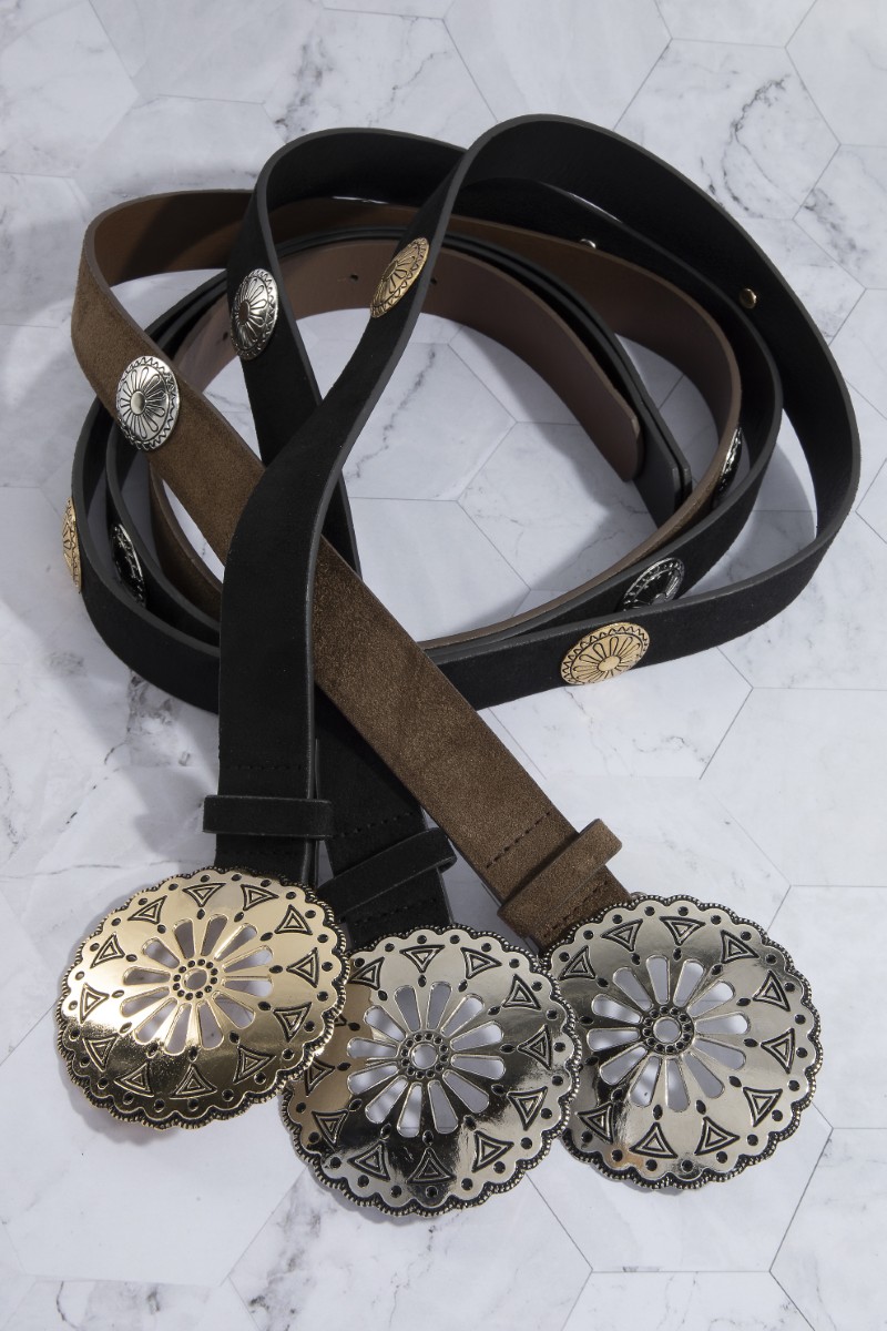 Round Western Concho Buckle Vegan Leather Belt