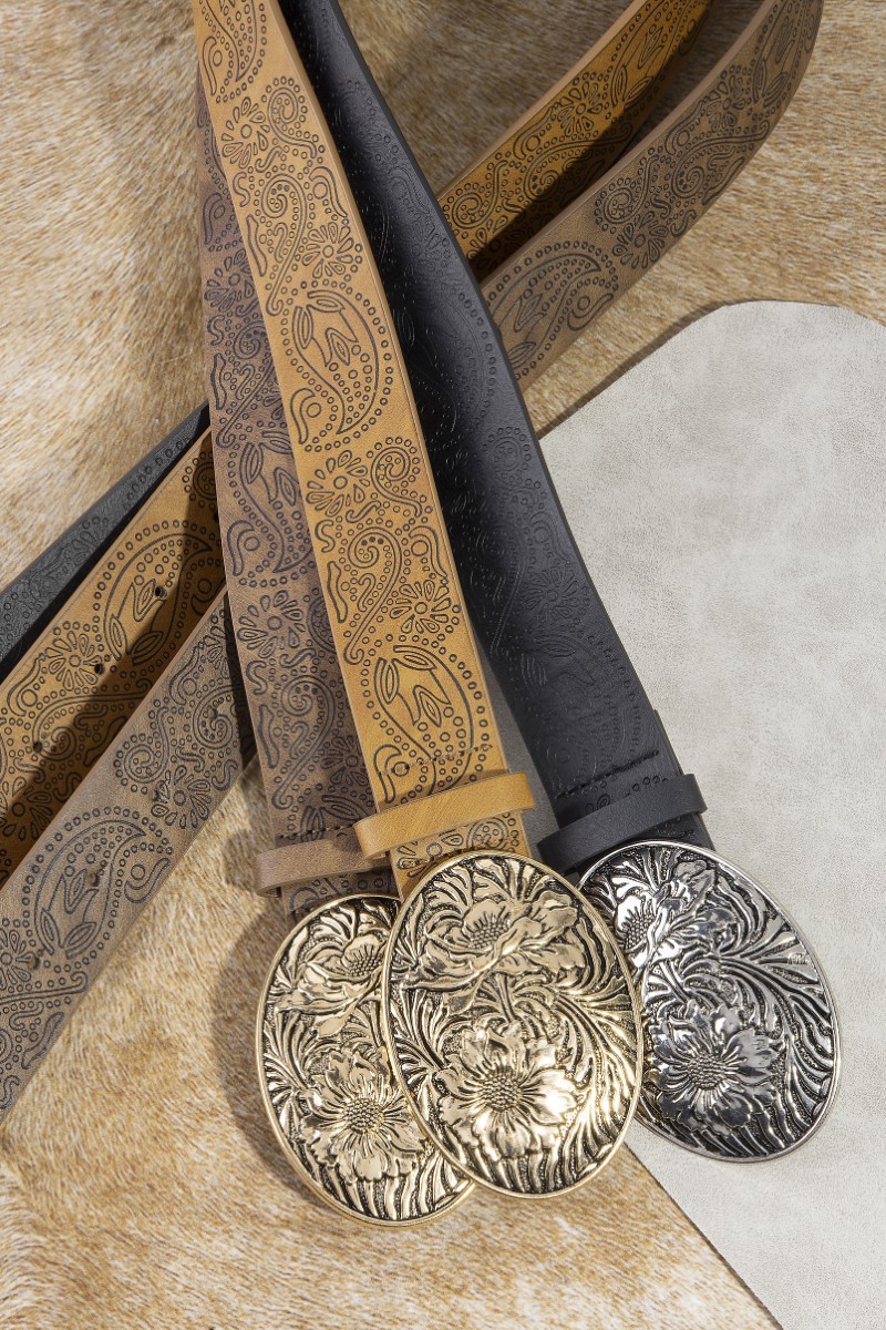 Floral Buckle Paisley Pattern Vegan Leather Belt