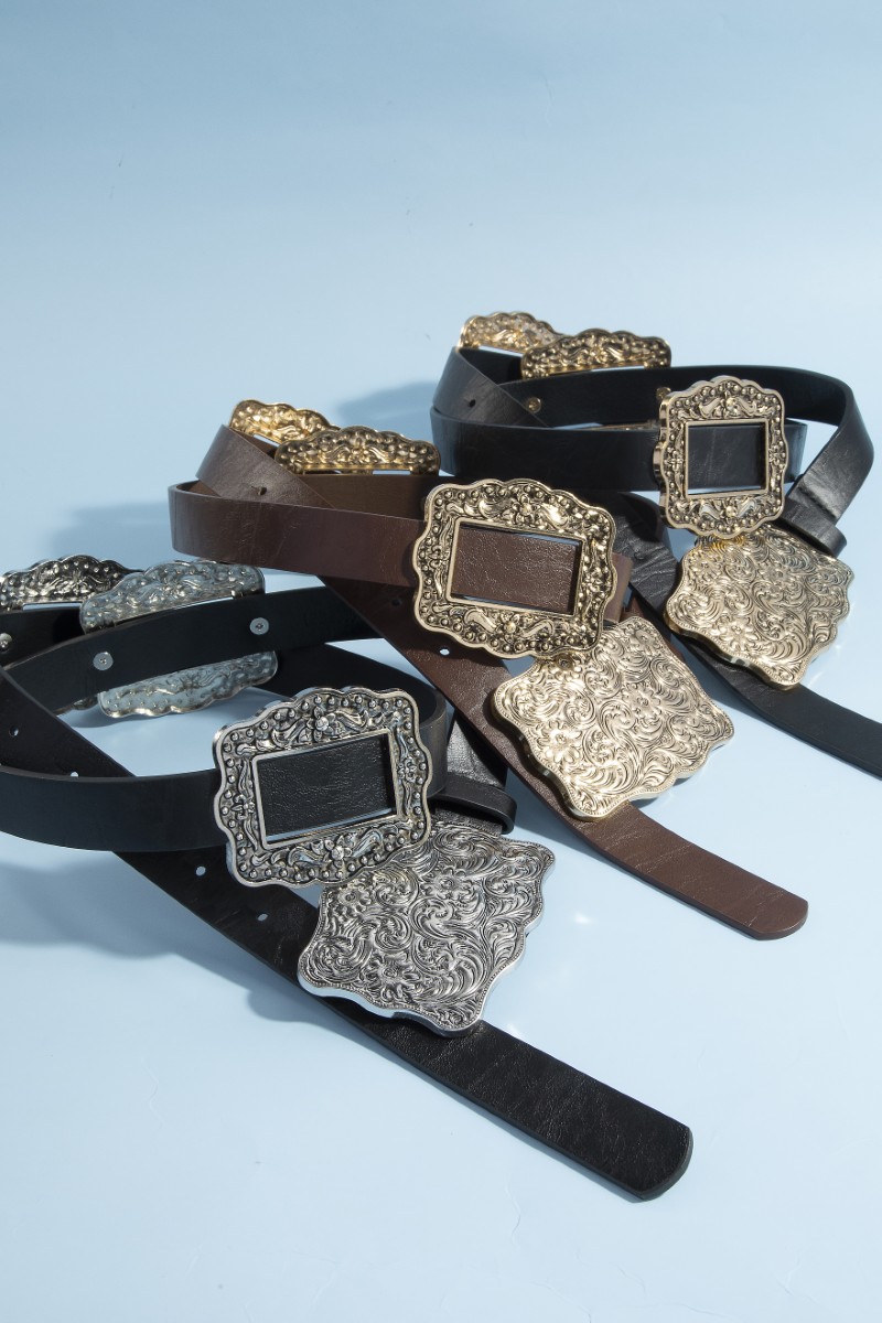 Western Rectangle Embroidered Concho Buckle Vegan Leather Belt