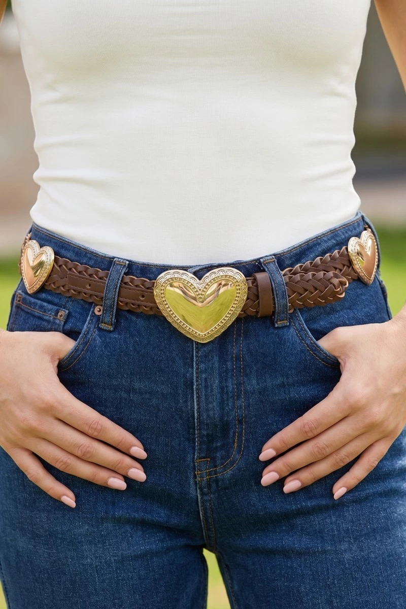 Heart Buckle Braided Vegan Leather Belt