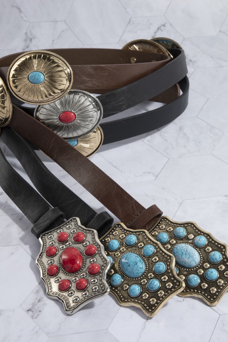 Assorted Western Concho Turquoise Stone Vegan Leather Belt