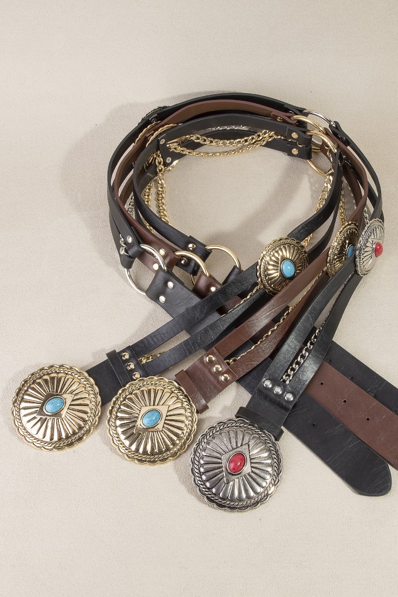 Western Circle Concho Double Row Vegan Leather Belt