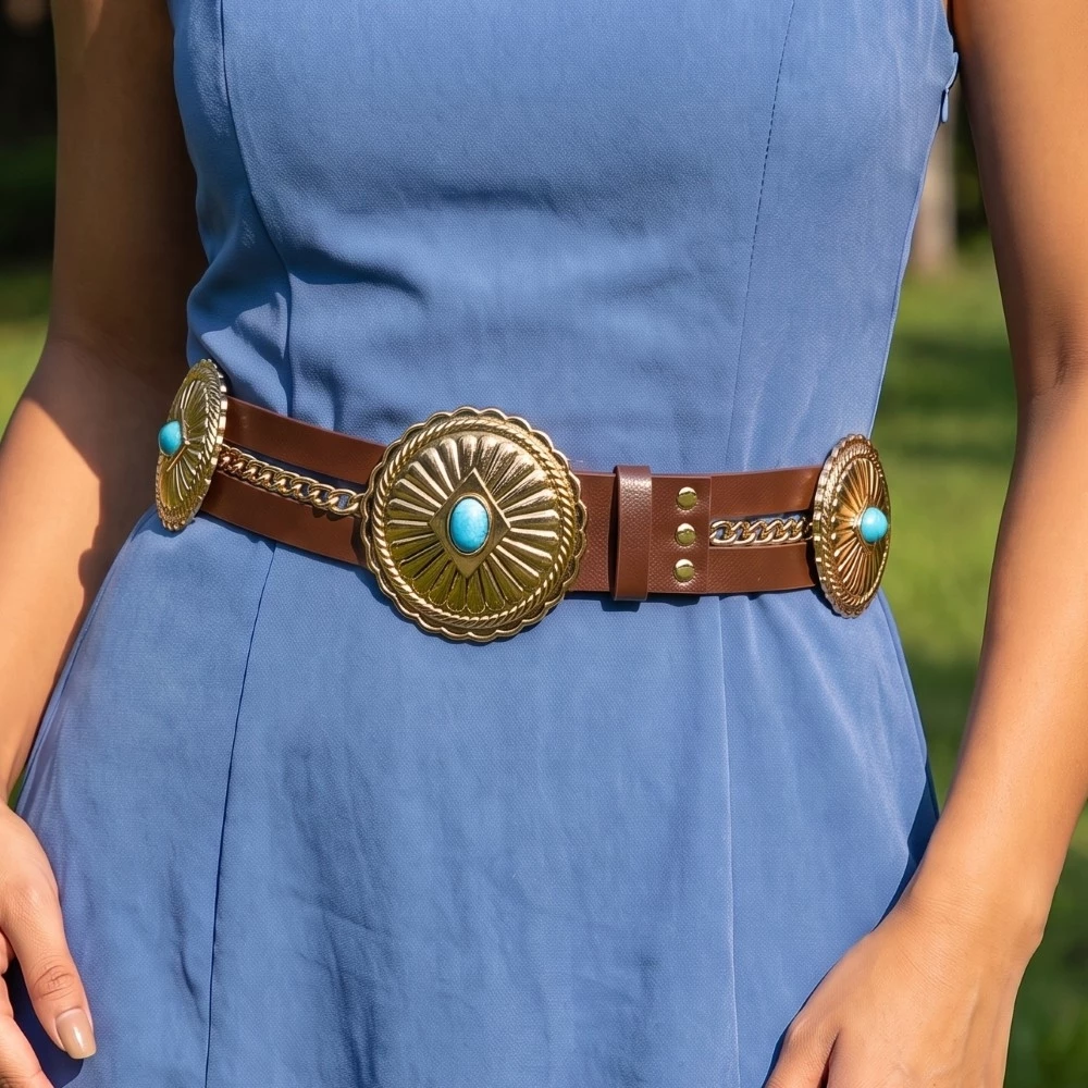 Western Circle Concho Double Row Leather Belt