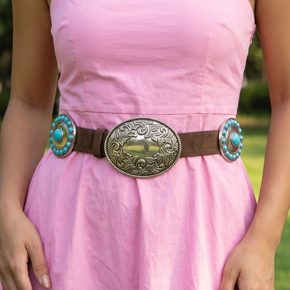 Concho Buckle Detail Western Leather Belt