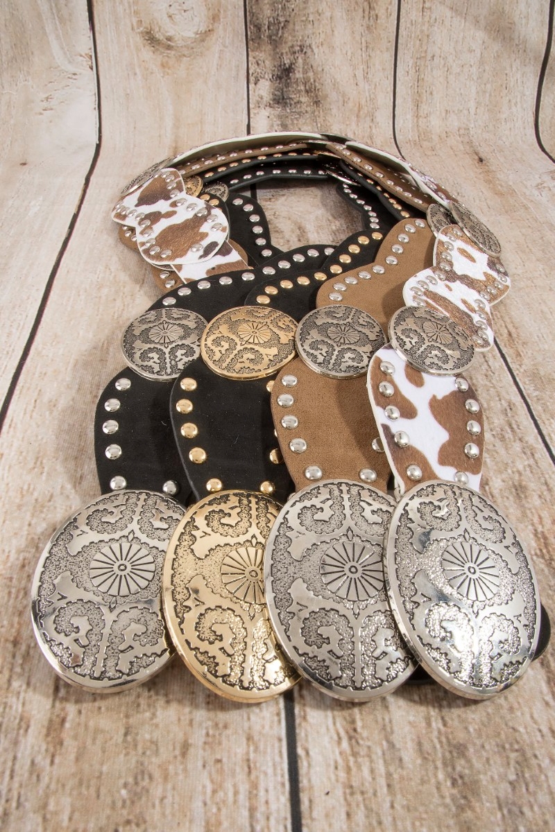 Western Oval Concho Studded Trim Vegan Leather Belt