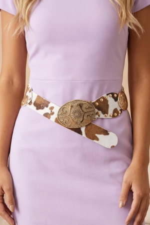 Studded Cow Print Concho Buckle Western Belt