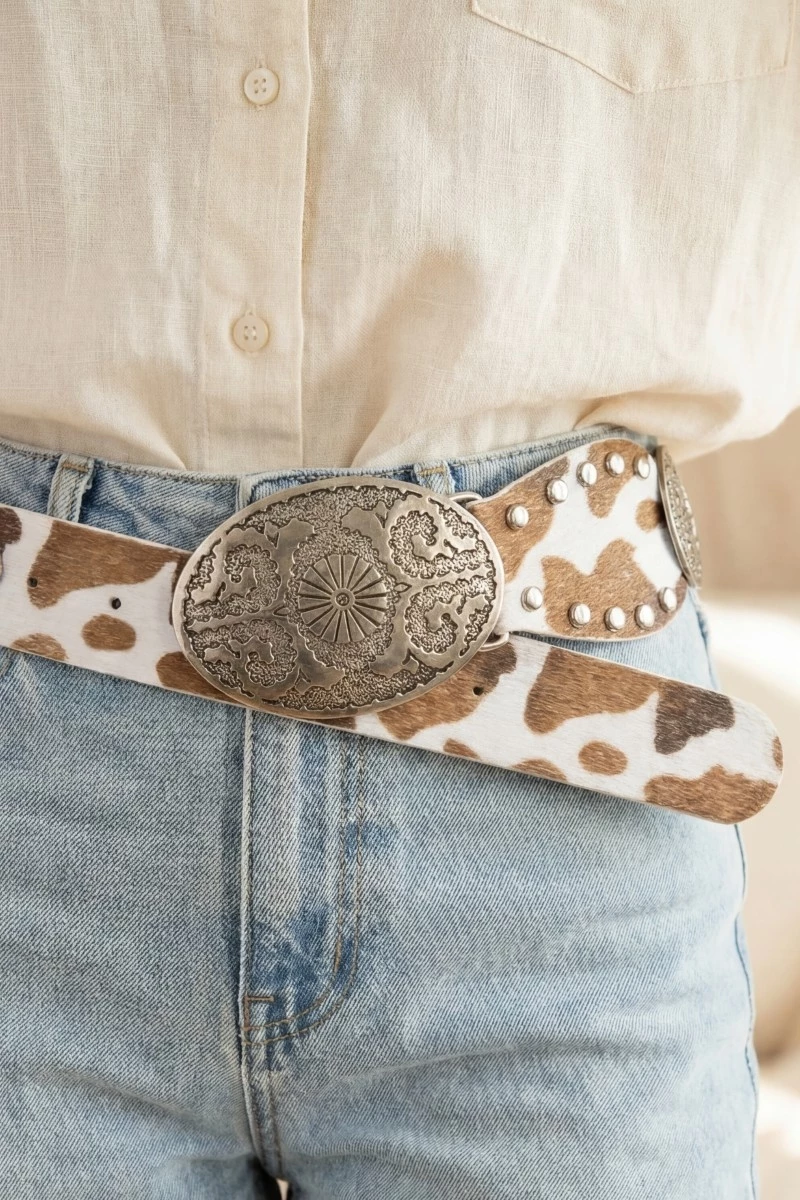 Western Oval Concho Studded Trim Vegan Leather Belt