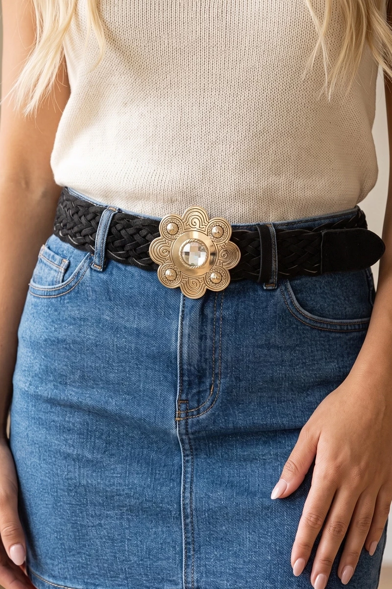 Woven Braided Belt With Crystal Flower Buckle