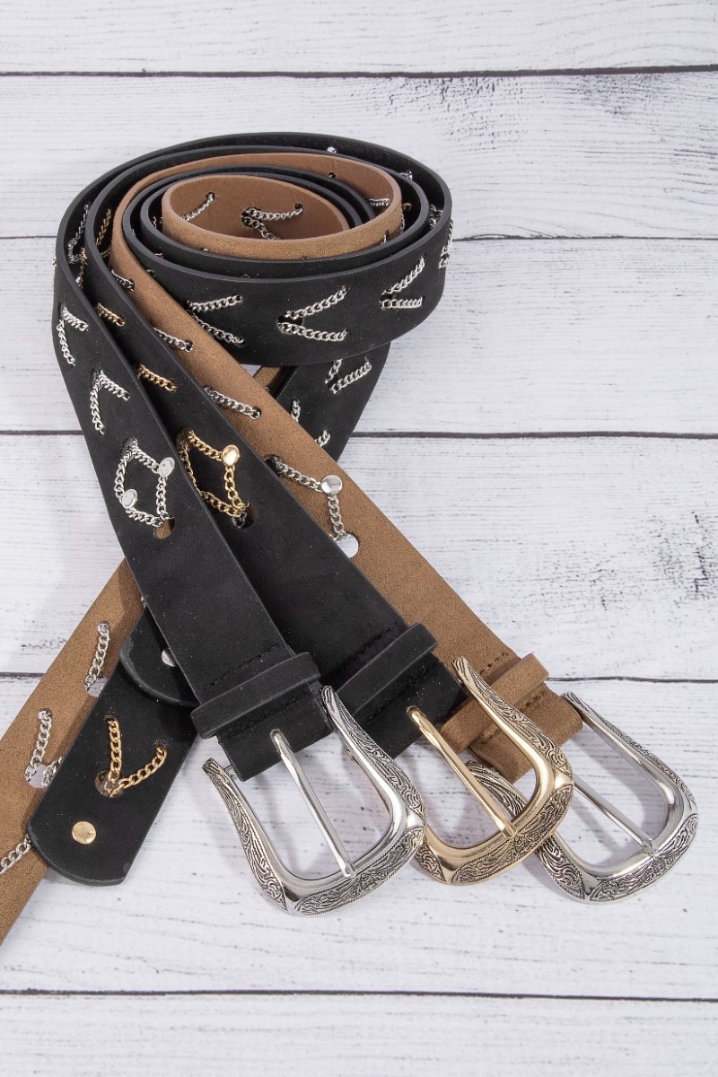 Chain Pattern Detail Vegan Leather Belt