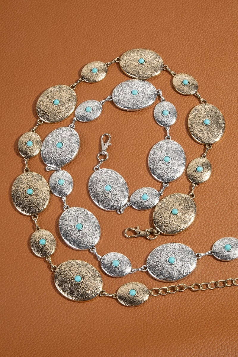Textured Engraved Oval Western Concho Chain Belt